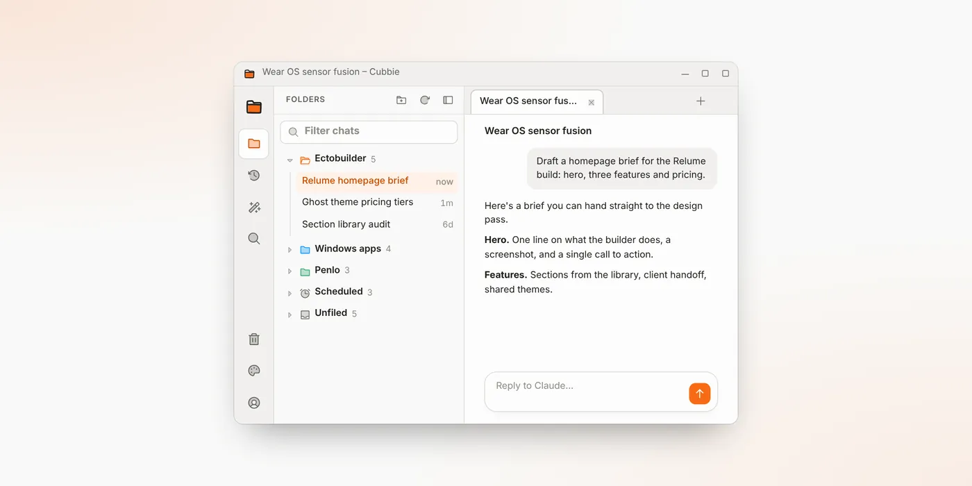 Cubbie on claude.ai: folders on the left, chats in tabs, and the Ctrl K switcher finding a chat
