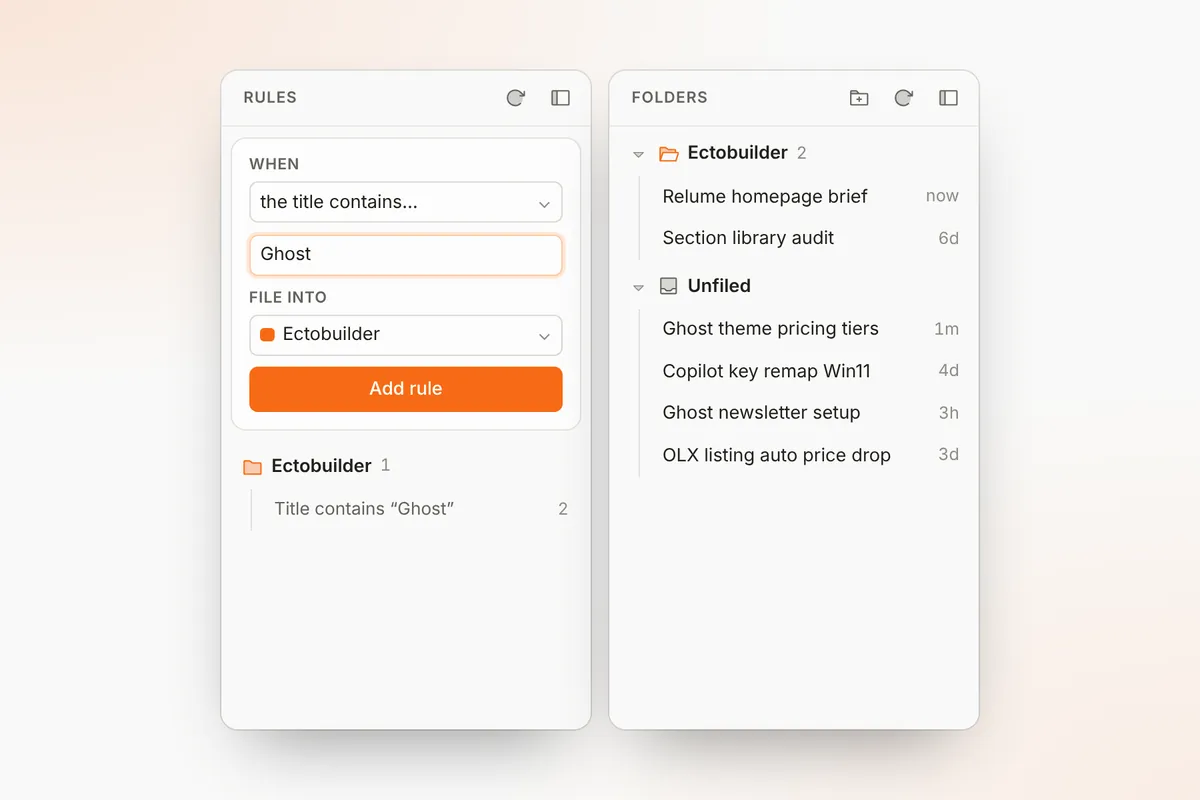 An auto-file rule moving matching chats into a folder